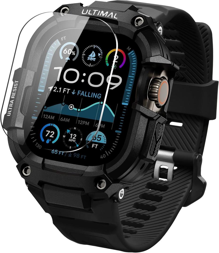 ULTIMAL Rugged Band with Case for Apple Watch 49mm, Military-Grade Shockproof Protective Strap for Men, All-in-One Outdoor Sport Watch Band Compatible with Apple watch Ultra 3/2/1 (Black)