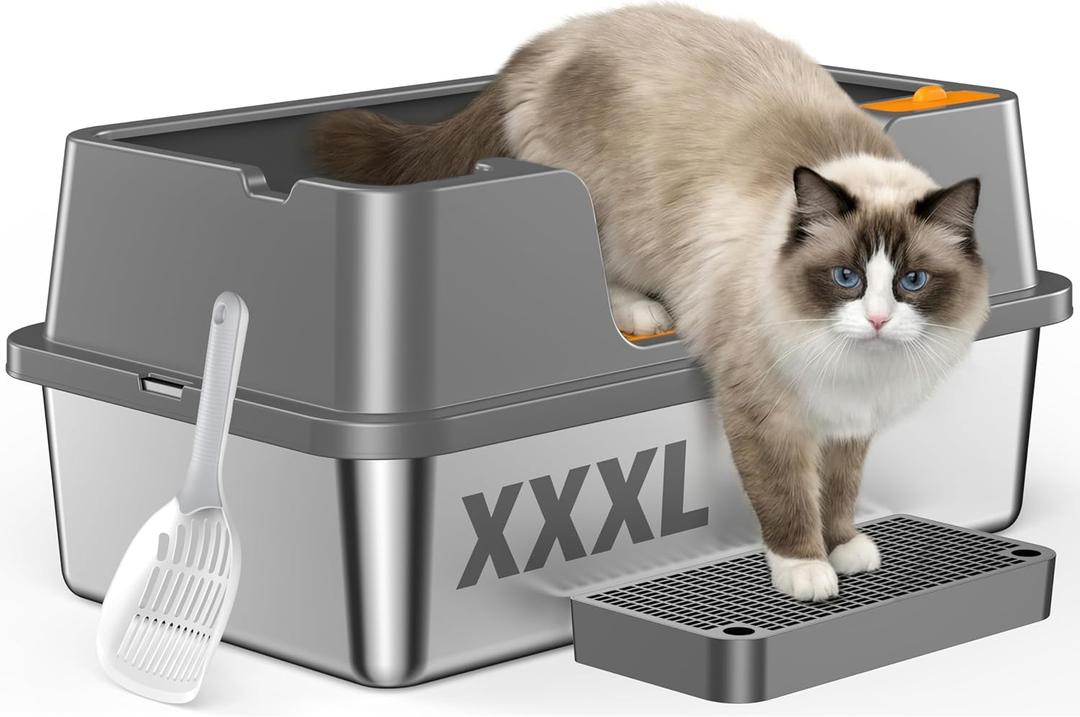 OROLEY XXXL Stainless Steel Cat Litter Box with Lid, Extra Large High-Sided Enclosed Box for Big Cats, Leak-Proof & Non-Stick, Easy Entry, Includes Scoop & Step (23.6" x 15.7" x 10.6")