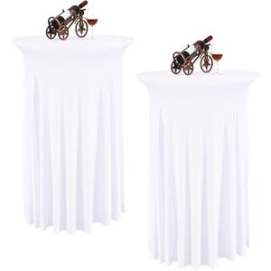 2 Packs Round Cocktail Table Skirt 32"x 43" Spandex Stretch Cocktail Tablecloth with Wavy Drapes, White Spandex Fitted High Top Table Covers for Wedding Party Birthday Banquet Bar