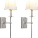 PERMO Set of 2 Classic Rustic Industrial Wall Sconce Lighting Fixture with Flared White Textile Lamp Shade and Brushed Tapered Column Stand, Hardwired, E26 Base