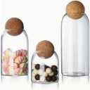 Glass Storage Jars with Ball Cork Lids - 3 Pcs Set, Decorative Round Glass Canisters, Wood Ball Lids, Sizes: 500ML/17Oz, 800ML/27Oz, 1000ML/34Oz