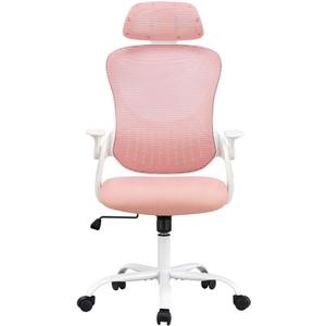 Office Chair, Ergonomic Desk Armchairs with Adjustable Lumbar Support and Flip up Armrest, High Back Rolling Mesh Taskchair with Swive for Home, Gaming, Pink