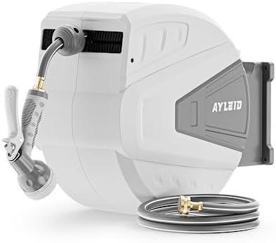 Ayleid Retractable Garden Hose Reel,1/2 in x 130 ft Wall Mounted Hose Reel, with 9- Function Sprayer Nozzle, Any Length Lock/Slow Return System/Wall Mounted/180°Swivel Bracket (Grey)