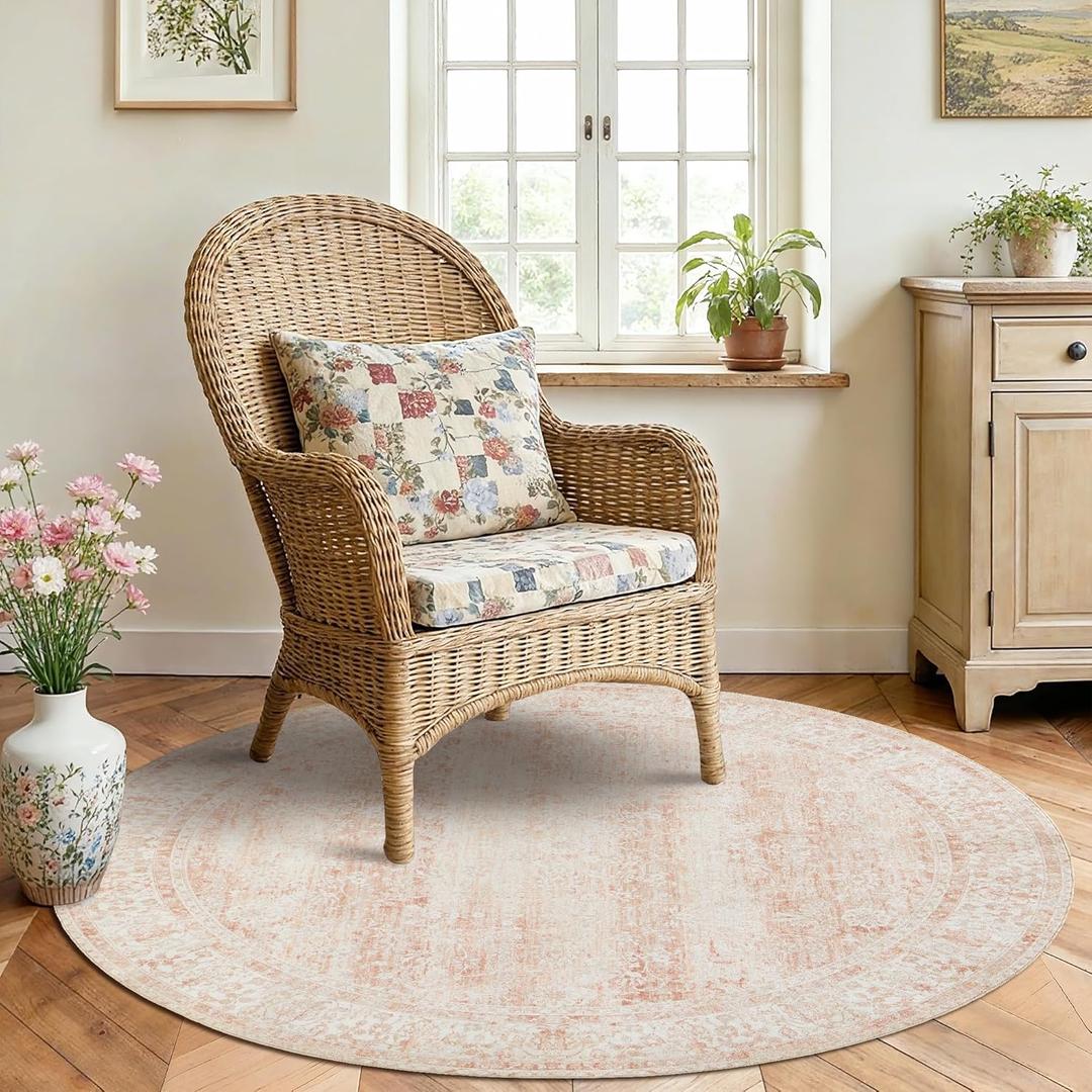 BILEEHOME Round Rug 4x4 Feet 4ft Washable Area Rug Boho Farmhouse Vintage Indoor Floor Cover,Floral Print Blush Pink Circle 4' Round Kitchen Living Room Bedroom Dining Room