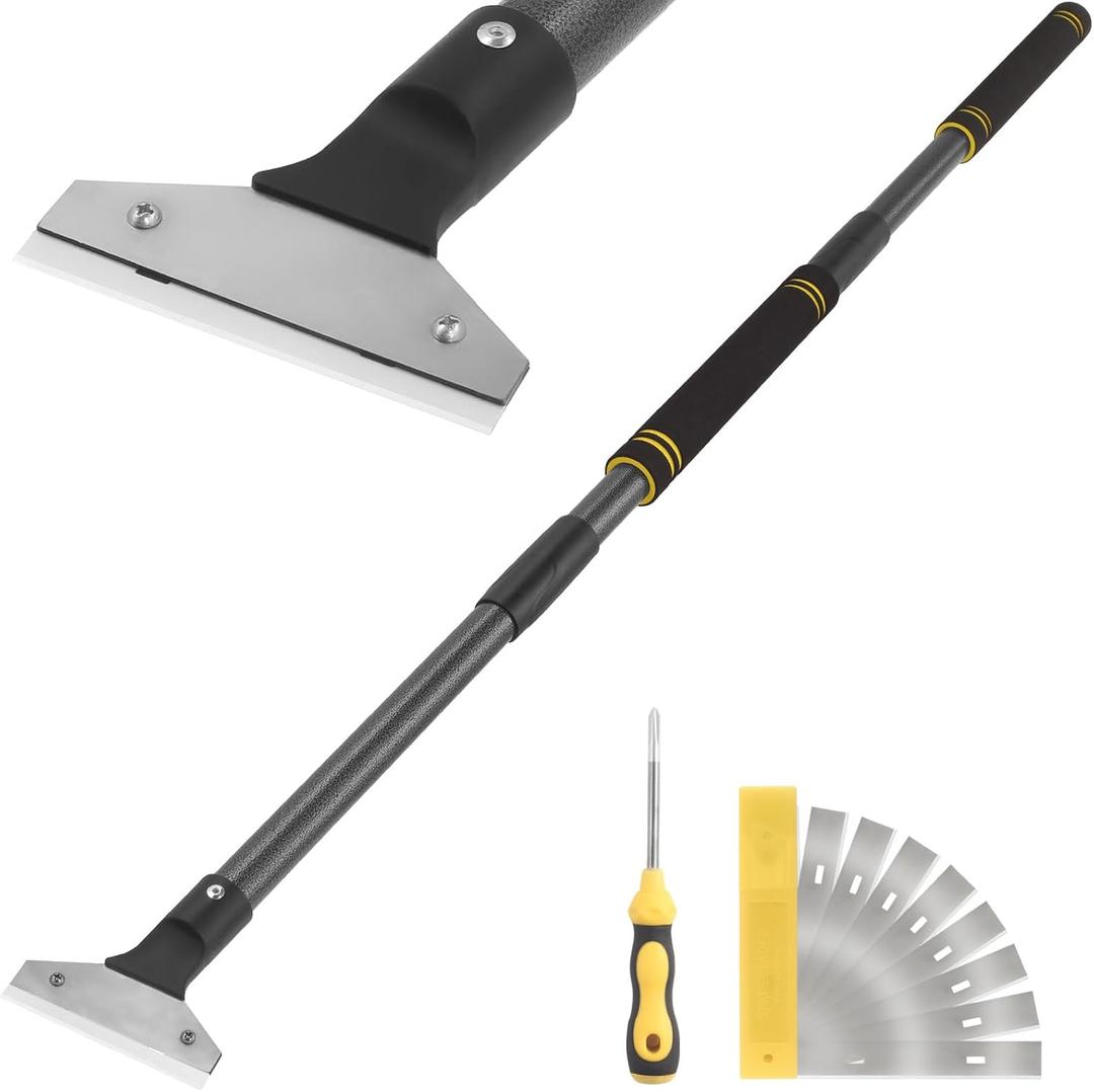 Gzlozak Floor Scraper Long Handle Heavy Duty, 31-61" Gum Scraper Tool for Floor with 10PCS Metal Blades Long Handle for Cleaning Paint Glass Gum Tile Glue Wallpaper Adjustable Durable Metal Pole