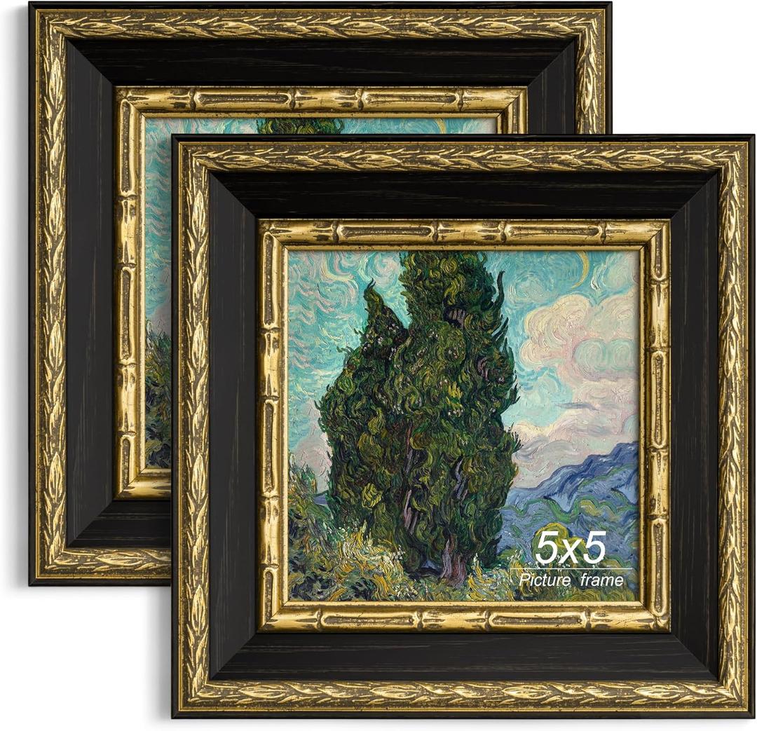 Yaetm Vintage 5x5 Picture Frame, Ornate Antique Gold 5 x 5 Square Frame with Real Glass, 1.4-inch Wide Molding, Display Photos & Art Print on Tabletop or Wall Mounting (Black/Gold, 2 Pack)