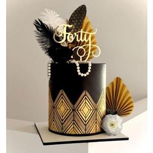JeVenis Feather Cake Decoration Set - 13 Pieces - Black, White & Gold - Gatsby, 1920s, Formal Event