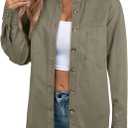 Sidefeel Women Denim Shirt Oversized Long Sleeve Button Down Blouse V Neck Trendy Western Shacket Tops Green X-Large