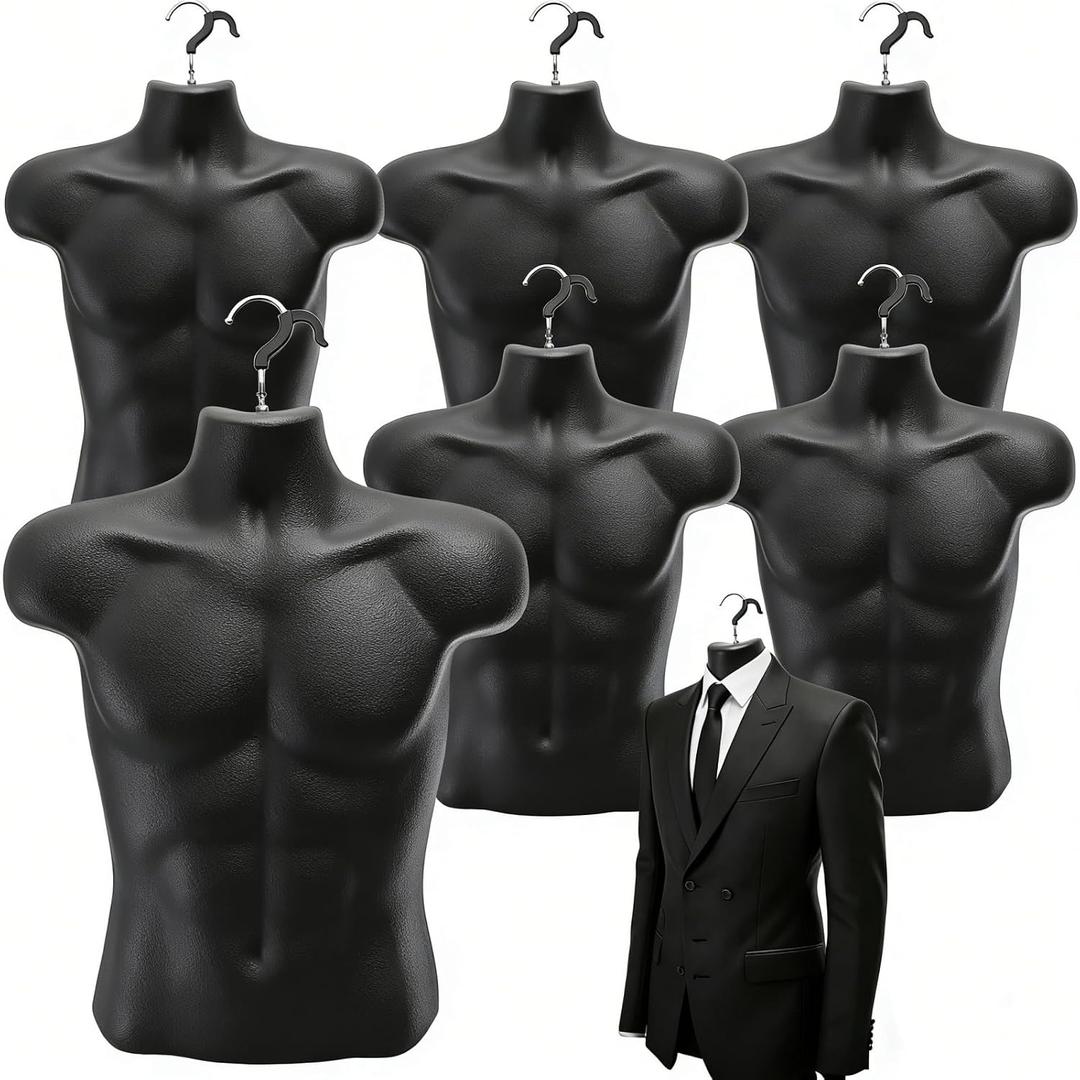 Noamus 6 Pack Male Mannequin Torso, Shapely Dress Form with Hanging Hook, T-Shirt Display Hollow Back Body, Shatterproof Rounded Waist Mold for Craft Shows, Photos Design, Clothing Sewing, Black