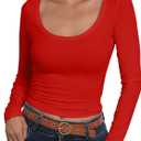 Roselux Womens Long Sleeve Scoop Neck Ribbed Knit Fitted Crop Top Casual Basic Shirts (Red), XL