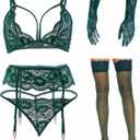 Women Lingerie with Stockings and Gloves or Eye-mask,Garter Belt Lingerie Set (Large, Green)