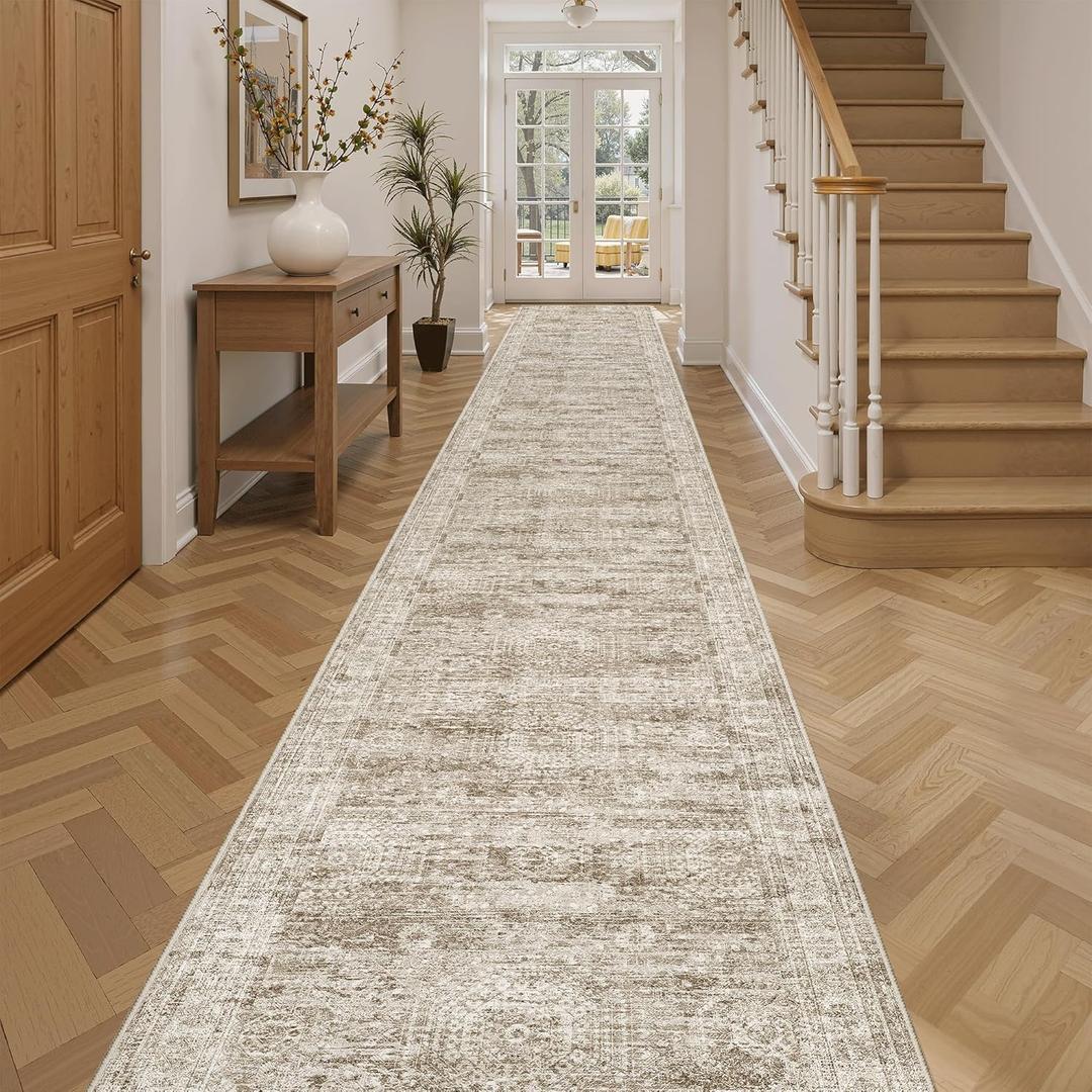 Runner Rug 2'6" x 14' Washable Non-Slip Runner Rugs for Kitchen Bathroom Laundry Room Vintage Ultra Thin Runners for Hallway Entryway Brown