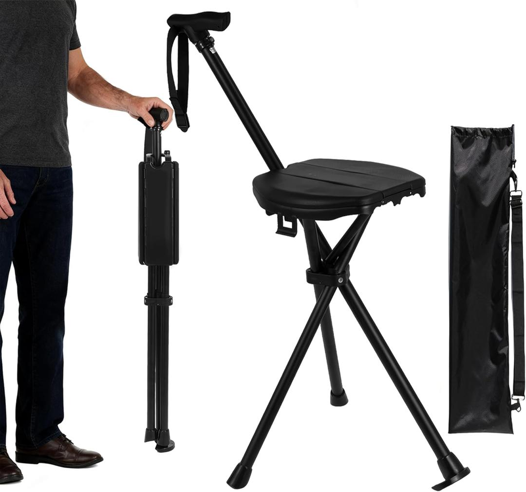 Walking Cane Chair Portable Folding 2-in-1 Trekking Pole Stick with Seat, Adjustable Sturdy Anti-Slip Lightweight Aluminum for Hiking Camping Seniors Walking