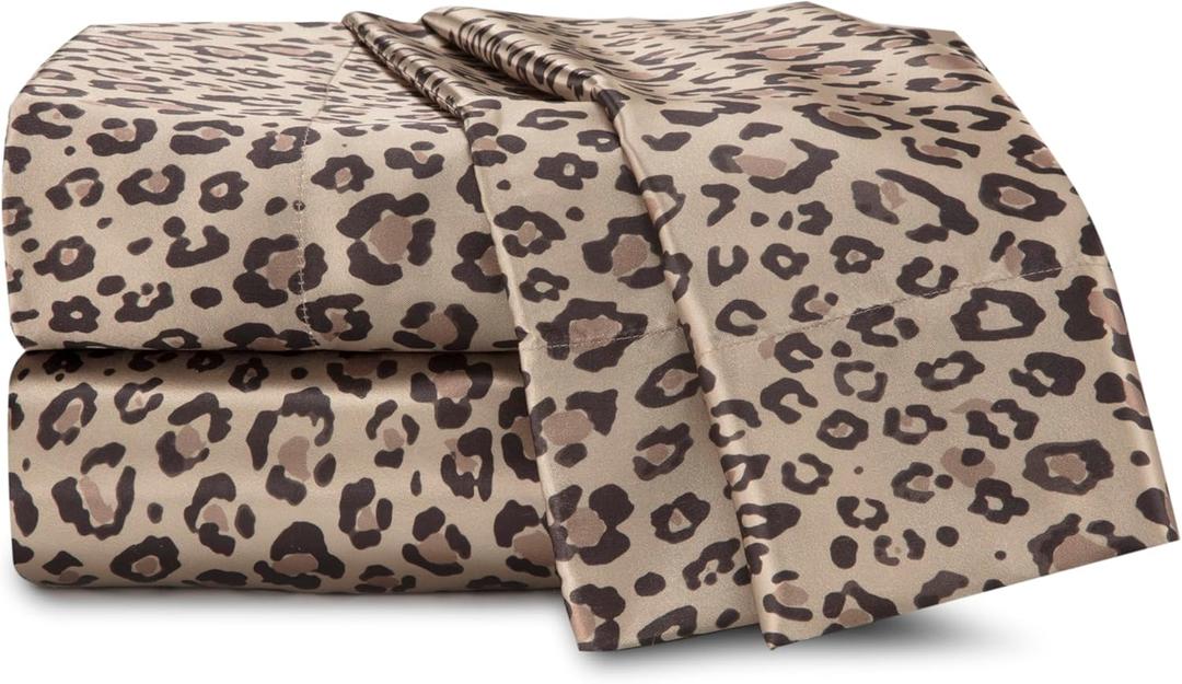 Martex Elegance 4-Piece Satin Sheets - Queen Size Luxury Hotel Quality Set - Leopard Print, Silky Soft & Smooth (Brown)