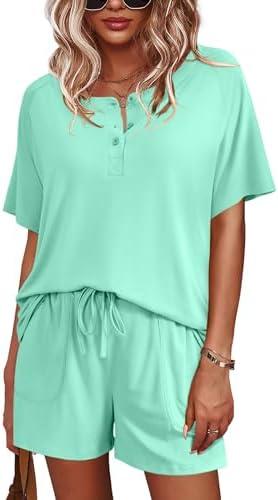 Ekouaer Womens Pajamas Set Short Sleeve Sleepwear 2 Piece Lounge Sets with Pockets (S)