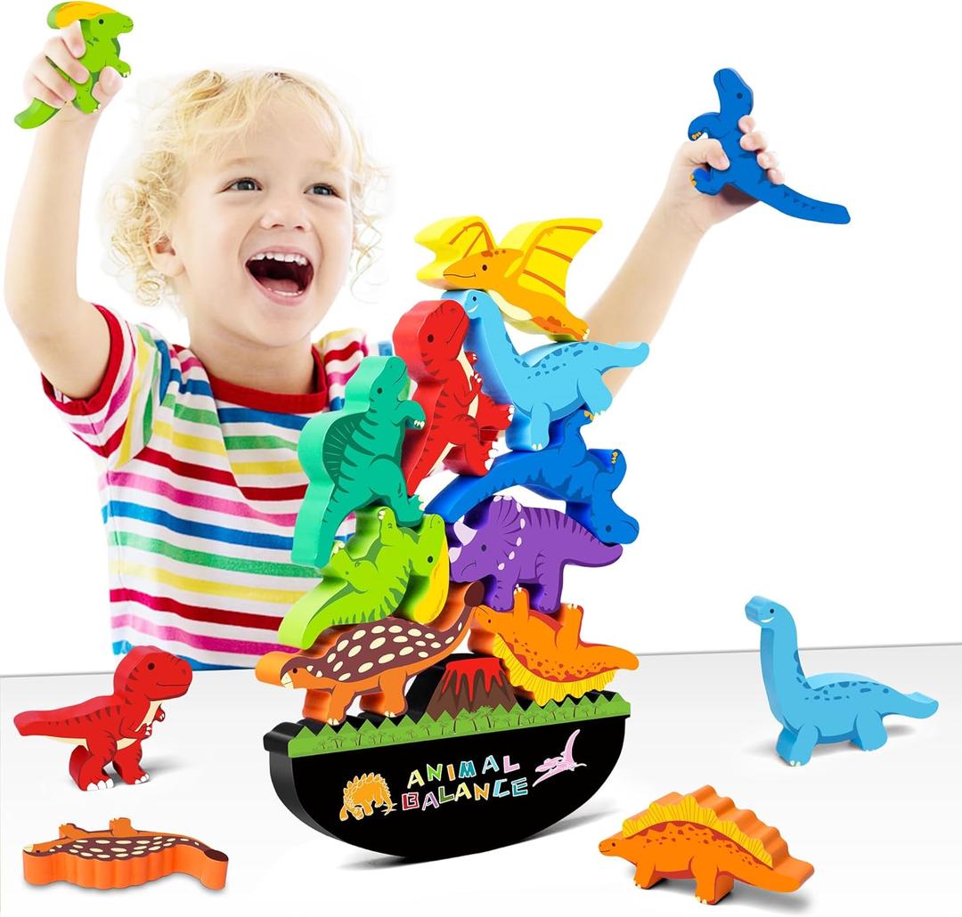 FFTROC Montessori Dinosaur Toys for 2 3 4 Year Old Boys - Wooden Stacking Dinosaur Toys for Kids 2-4 3-5, Toddler Balancing Block Sets (Multiple Colour 1)