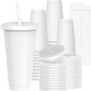 24 oz Plastic Cups With Lids and Straws, Sturdy & Food-Safe Iced Coffee Cups With Lid, Plastic Tumbler Reusable, Drinking Cups for Cold Drinks, Milkshakes, Smoothies - White(24 Sets) (EXP 02/04/26)