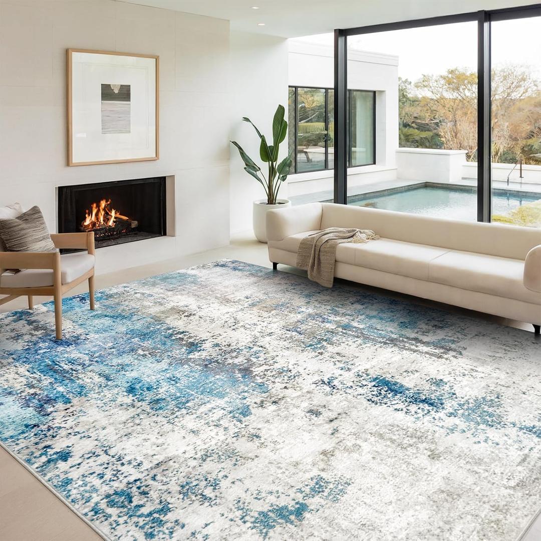 Washable Area Rugs for Living Room 9x12 - Large Neutral Modern Abstract Rug, Soft Low Pile Carpet with Non Slip Backing for Under Dining Room Table, Bedroom, Home, Office, Dorm - Blue Gray
