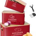 Kitchen Vegetable Storage Set of 3, Metal Onion Garlic Potato Storage Set, Kitchen Canisters Vegetable Keeper Containers with Aerating Holes and Wooden Lid (Red)