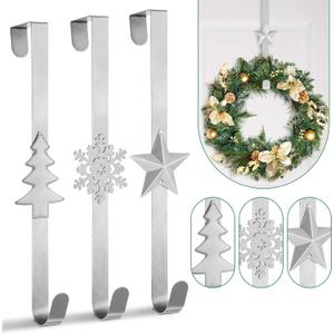 Whaline 3Pcs Christmas Wreath Hanger Over The Door Metal Wreath Hook Star Snowflake Christmas Tree Wreath Holder for Xmas Party Decor Door Wall Home Office, Silver, 15in