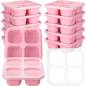 12 Pcs 4 Divided Compartments Snack Containers Bento Wheat Straw Snack Box with Lid Reusable Meal Prep Lunch Box Food Storage Containers for Adults Travel Work (Pink)
