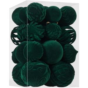 30pcs Velvet Christmas Ball Ornaments, Flocked Shatterproof Christmas Ornaments Hanging Xmas Tree Decorations Set for Home Party Holiday Decor (Multi-Size, Dark Green)