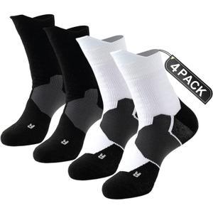 Basketball Socks 4-Pack - Thick Cushioned, Hiking Socks - Breathable Moisture- Outdoor Crew Socks for Men &Boys