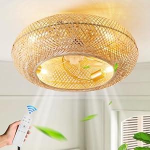 20" Boho Ceiling Fans with Lights and Remote Control, Rattan Caged Flush Mount Ceiling Fan with Light, Enclosed Timing 6 Speeds Reversible for Living Room Bedroom Dining Room