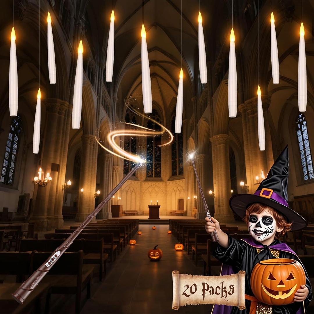 Halloween Decorations Floating Candles with Wand: 20Pcs Flameless Floating Candles with LED Warm Lights Battery Operated Magic Candle for Birthday Gifts Halloween Party Decorations Indoor Home Decor