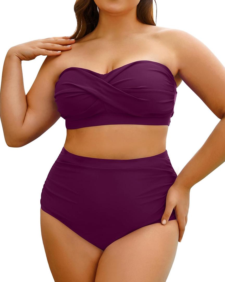 Yonique Women Plus Size Two Piece Swimsuits High Waisted Bathing Suits Bandeau Bikini Tummy Control Swimwear (Purple) S Yonique Women Plus Size Two Piece Swimsuits High Waisted Bathing Suits Bandeau Bikini Tummy Control Swimwear (Purple) S