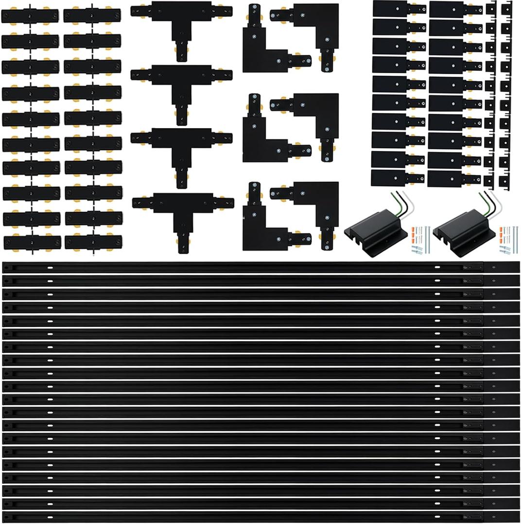 65.6FT H Track Lighting Rail Kit, Black H Type Track Lighting Rails with Floating Canopy Connector, I&L&T Connector, End Caps and Live End Feed for 120V H Style 3-Wire Heads