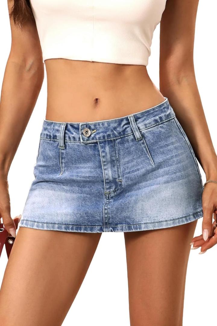 ELLEVEN Low Rise Denim Mini Skirt for Women, High Stretch Jean Skirt with Shorts Underneath Y2k Micro Skort (Small)