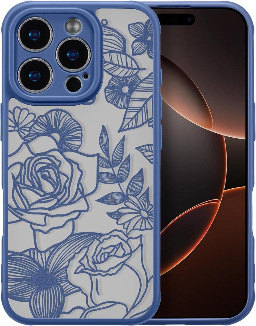 XIZYO for iPhone 16 Pro Max Case, Floral Rose Cute Phone Case for Women Girls Aesthetic Pattern Print Slim TPU Bumper Shockproof Protective Cover for iPhone 16 Pro Max 6.9 Inch, Deep Blue