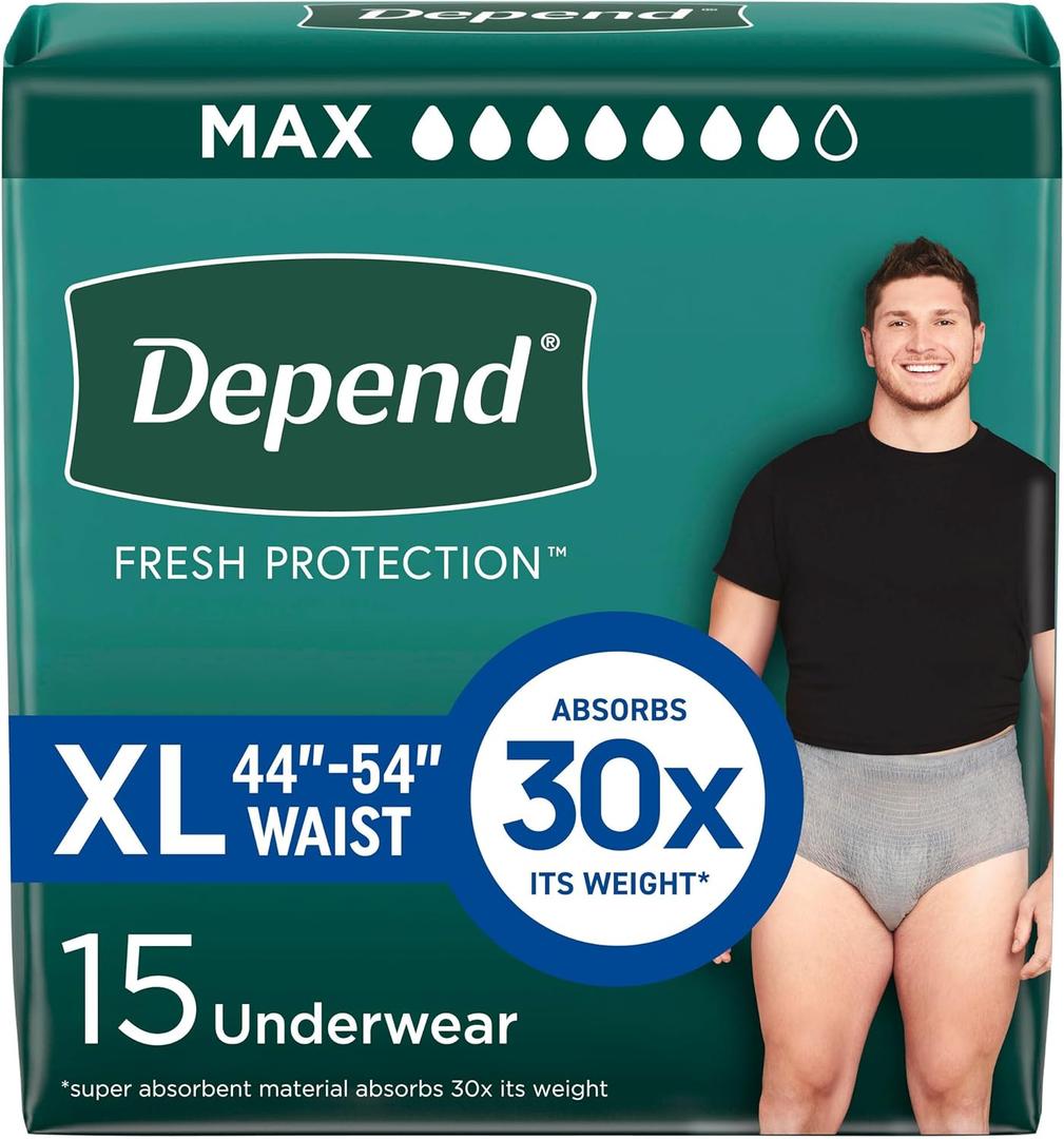 Depend Fresh Protection Adult Diapers, Incontinence Underwear for Men, Disposable, Maximum, Extra-Large, Grey, 15 Count, Packaging May Vary