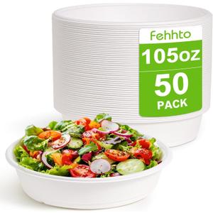 50-Pack 105oz Extra Large Disposable Paper Salad Bowls, Heavy Duty Sugarcane Fiber Paper Serving Bowls for Pasta, Soup & Party Sharing, Microwave Safe