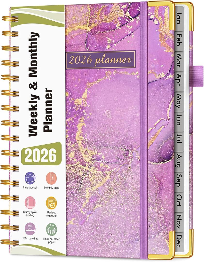 2026 Planner, Hardcover Weekly and Monthly Planner, January 2026 - December 2026, Spiral Yearly Agenda Organizer Book 2026 with Tabs, Daily Calendar Planners for School Work Home, A5 (5.75" x 8.38"), Purple Marble