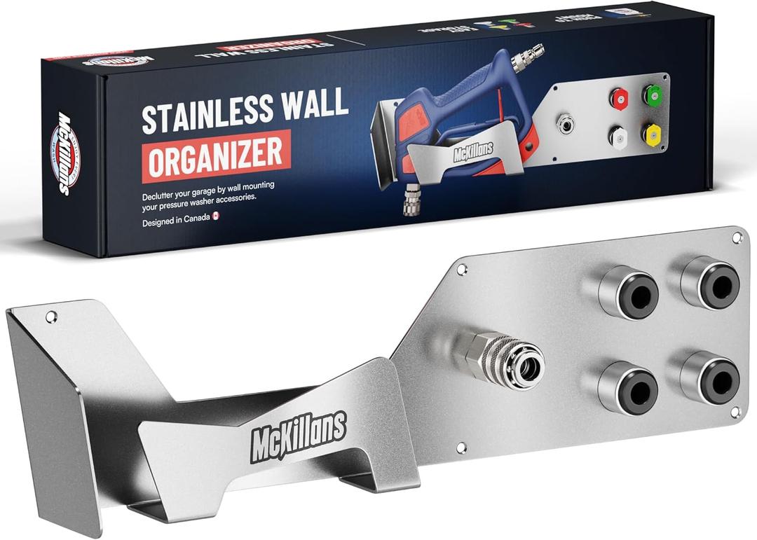 McKillans Stainless Wall Organizer PRO - Pressure Washer Gun & Foam Cannon Holder - Foam Cannon Wall Mount Quick Connect - Tip & Nozzle Holder - Wall Mounted Garage Organizer