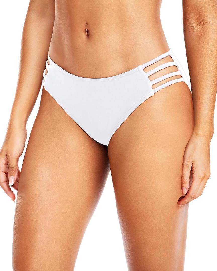 Tempt Me Women Strappy Bikini Bottom Full Coverage Bathing Suit Bottoms Swimsuit Bottom (Small, White)