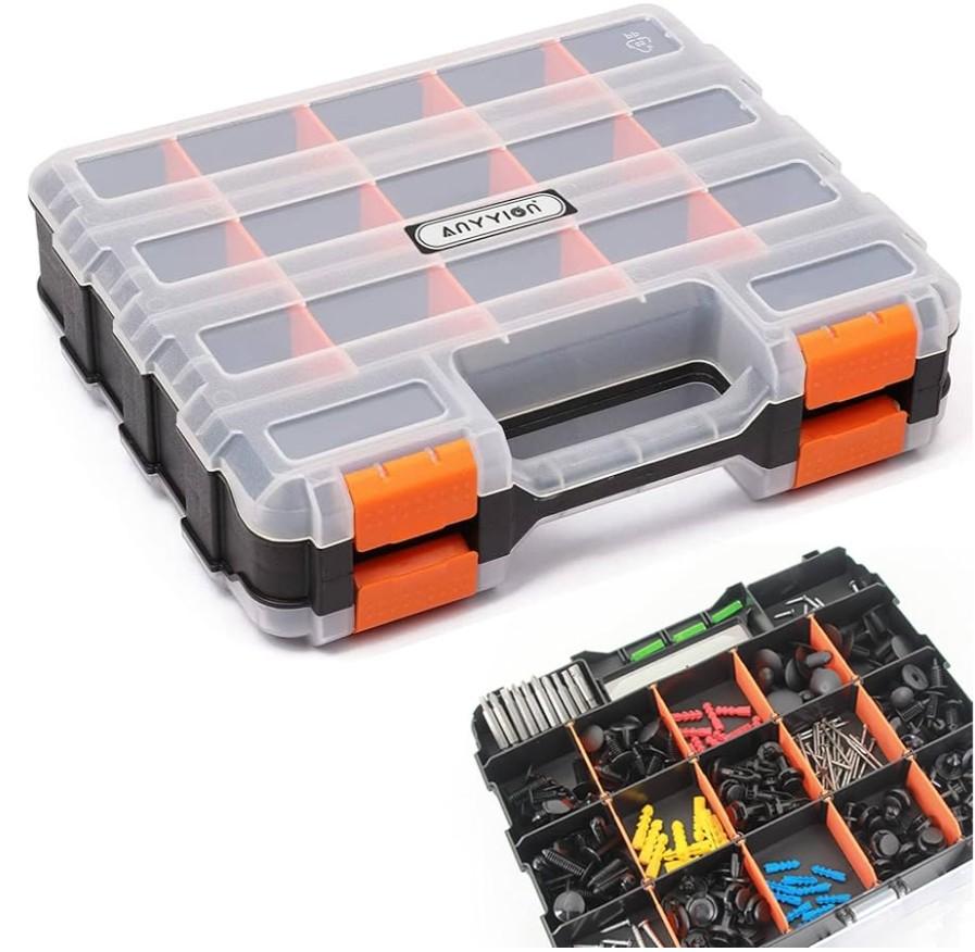 Anyyion Small Parts Organizer, 34-Compartments Double Side parts organizer with Removable Dividers for Hardware, Screws, Bolts, Nails, Beads, Jewelry.