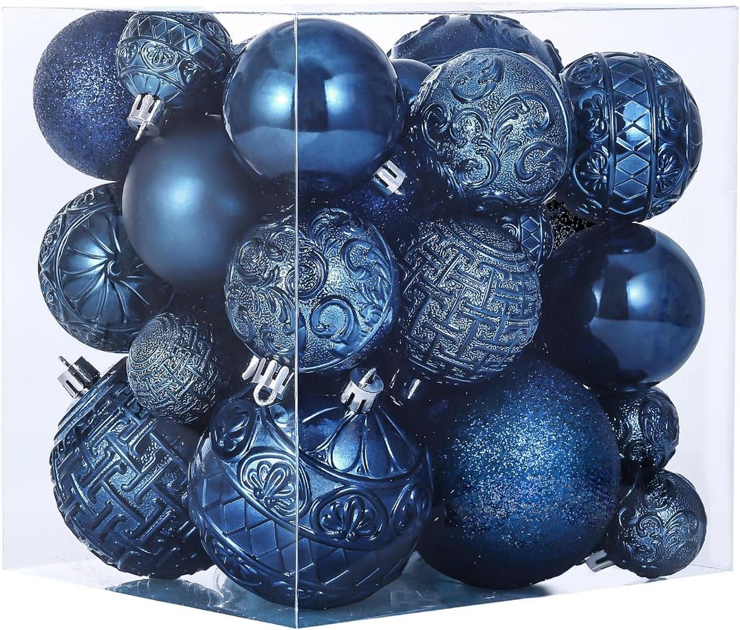 46 Pcs Navy Blue Christmas Ball Ornaments, Shatterproof Christmas Tree Ornaments Set with Velvet Christmas Bows Decor, Vintage Xmas Decorations with Hanging Hooks in 3 Sizes(Small Medium Large)
