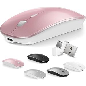 Mouse for MacBook Wireless Bluetooth Mouse Laptop MacBook Air Mac Pro Rechargeable Silent PC iPad Optical Mouse with Dual Mode Switch Bluetooth 5.2/3.0 and 2.4GHz USB Type-C Receiver, Rose Gold