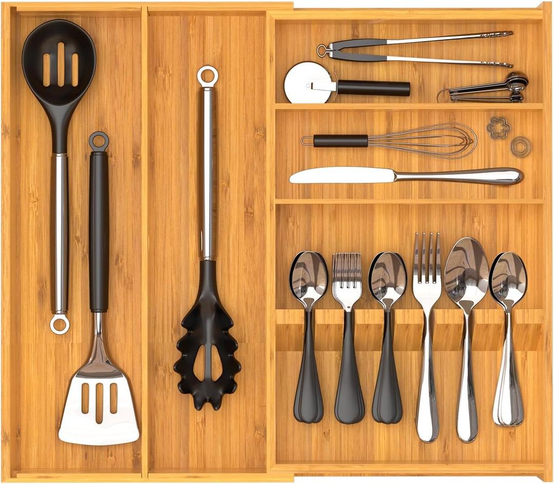 Yofidra Pure Bamboo Silverware Drawer Organizer: 16.9x18.9 Expandable Large Silverware Utensil Tray Holder, 5-Compartment with 6 Card Slots Flatware Organizer Kitchen Organizers and Storage (Natural)