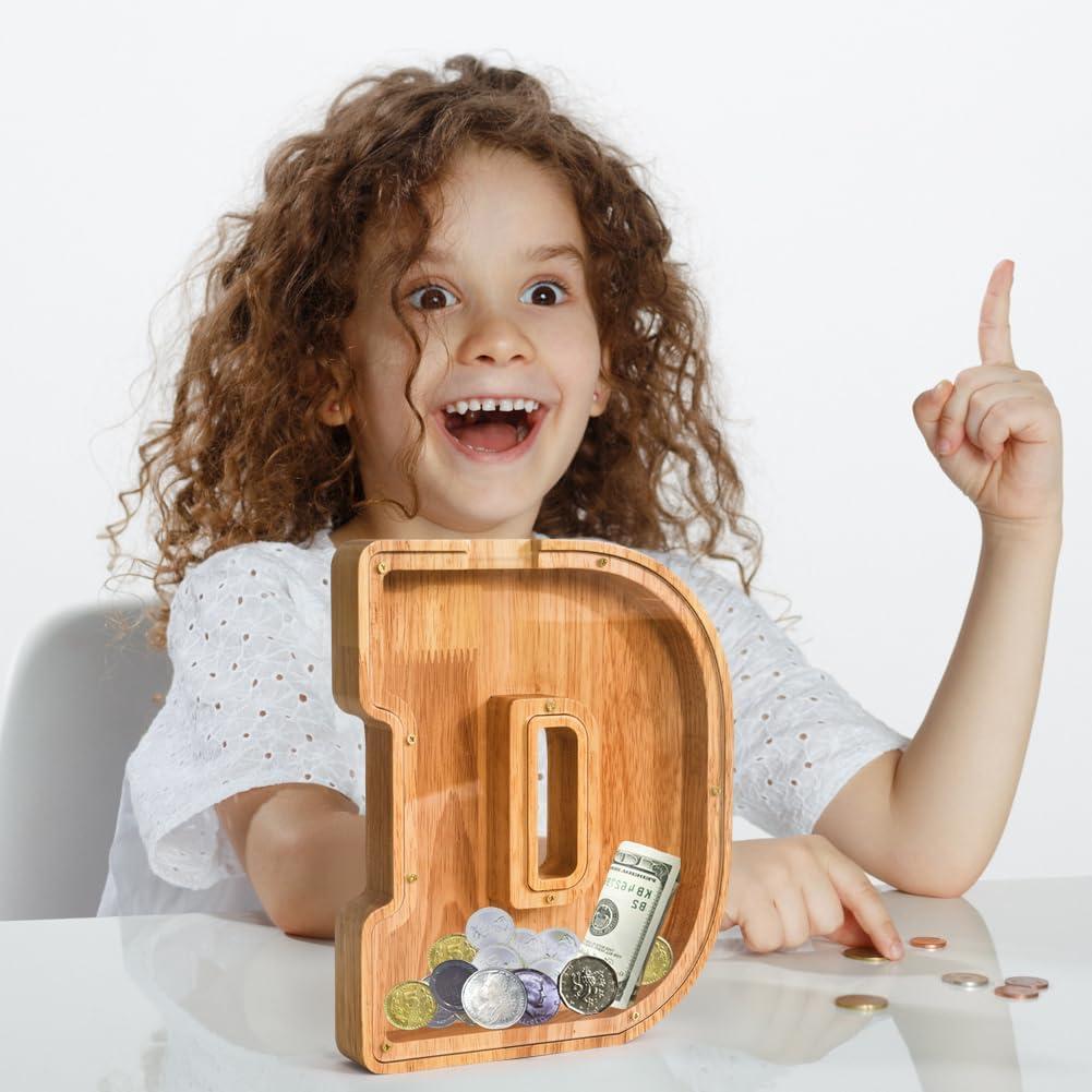 Letter Piggy Bank PrimRend Personalized Wooden Money Coin Cash Saving Bank for Boys Girls Kids Toddler Gifts for Birthday|Christmas|Baby Shower|Children's Day Medium 9 Inch, Alphabet D