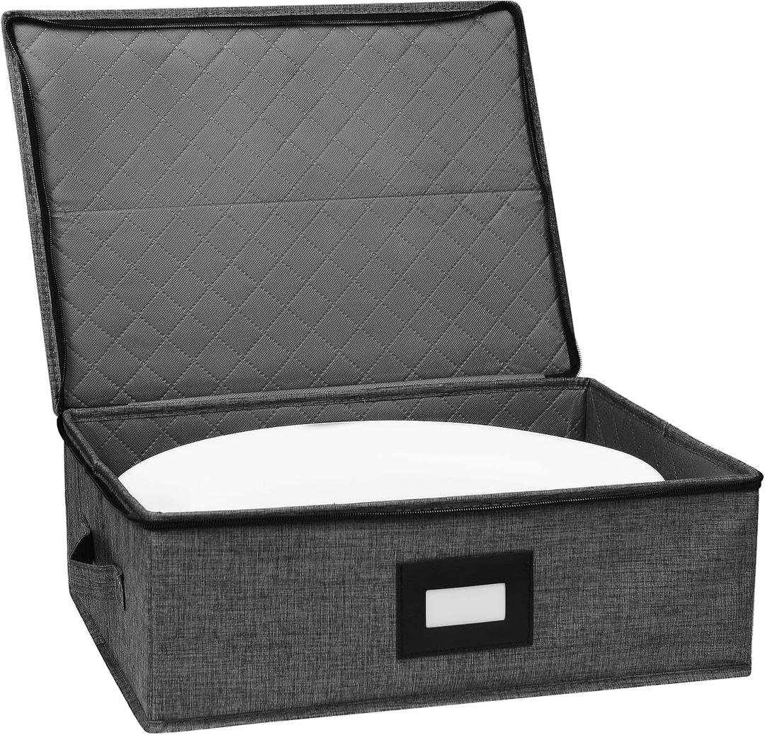 China Storage Containers, Platter Storage 17" x 13" x 6" for Dinnerware Storage and Transport, 5 Large Felt Dividers Included, Hard Shell and Stackable (Black)