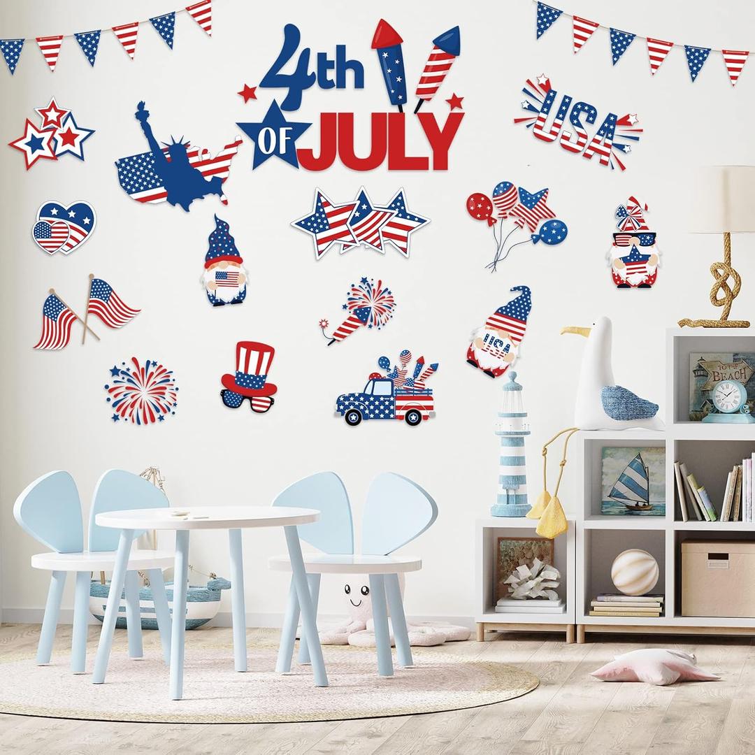 Harloon 62 Pcs 4th of July Paper Cutouts with Adhesive Dots Patriotic Bulletin Board Decor American Flag Paper Cut Outs Independence Day Gnomes Cutouts for Home Classroom Memorial Day Party Decor