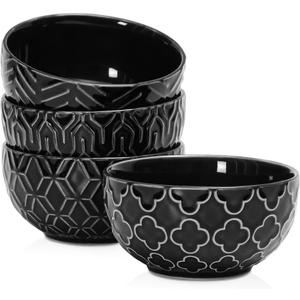 Sureasy Small Bowls 4 OZ, 3.5 Inch Dipping Bowls, Ceramic Embossed Mini Bowl for Side Dishes, Sauces, Appetizer, Housewarming, Set of 4, Black