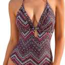 LIZENS Women's Halter Neck Swimsuit One Piece V-Neck Swimwear Ethnic (XS)
