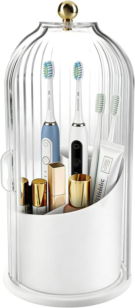 Bathroom Toothbrush Holder Organizer, 360 Rotating Toothbrush Storage Caddy with Dustproof Cover, Countertop Toothpaste Holder for Electric Toothbrushes, Makeup Brushes
