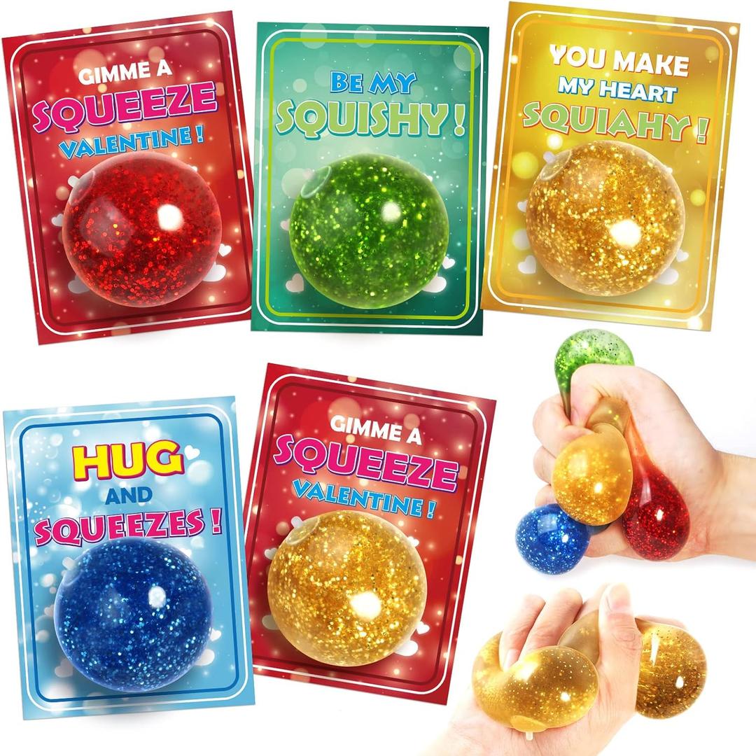 OCHIDO 24 Pack Kids Valentine's Day Greeting Cards With Squeeze Ball Stretchy, Kids Valentine Exchange Cards for Girls Boys School Class Exchange Gifts, Classroom Prizes, Bulk, Valentine Party Favor