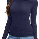 Amoretu Women's Stretchy Boat Neck Ruched Shirt Long Sleeve Going Out Fitted Top (Blue, M)